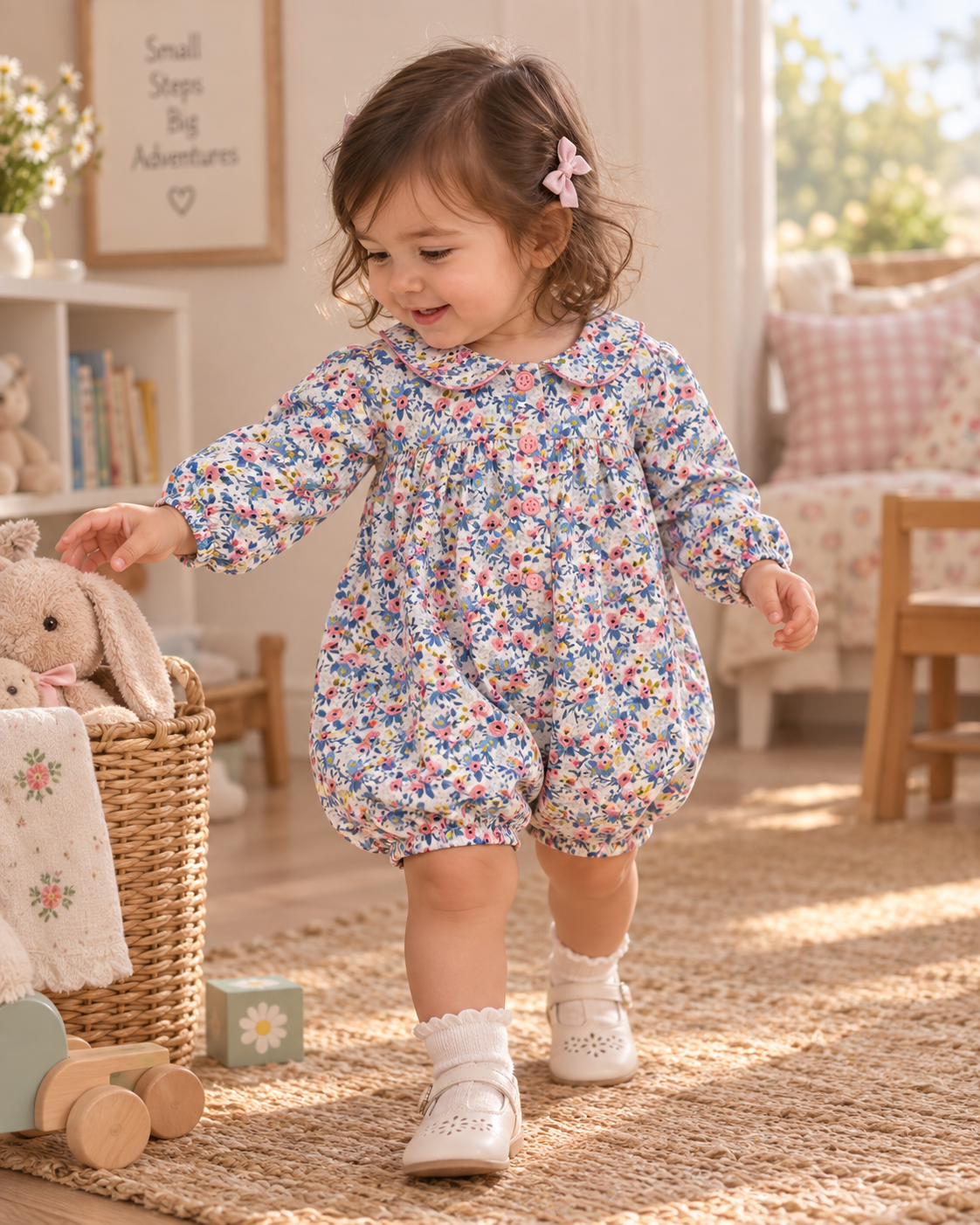 Rachel Riley - Sweet Blue Floral Peter Pan Collar Baby Romper