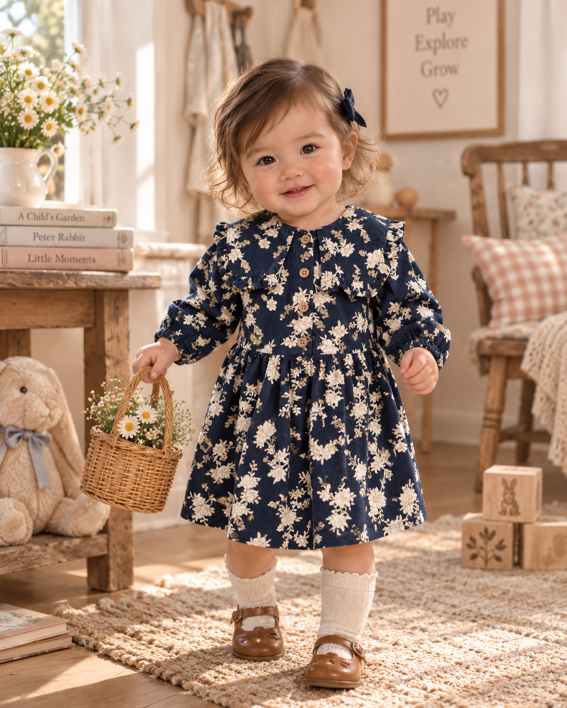 NEXT Black Floral Ruffle Soft Corduroy Collar Long Sleeve Dress