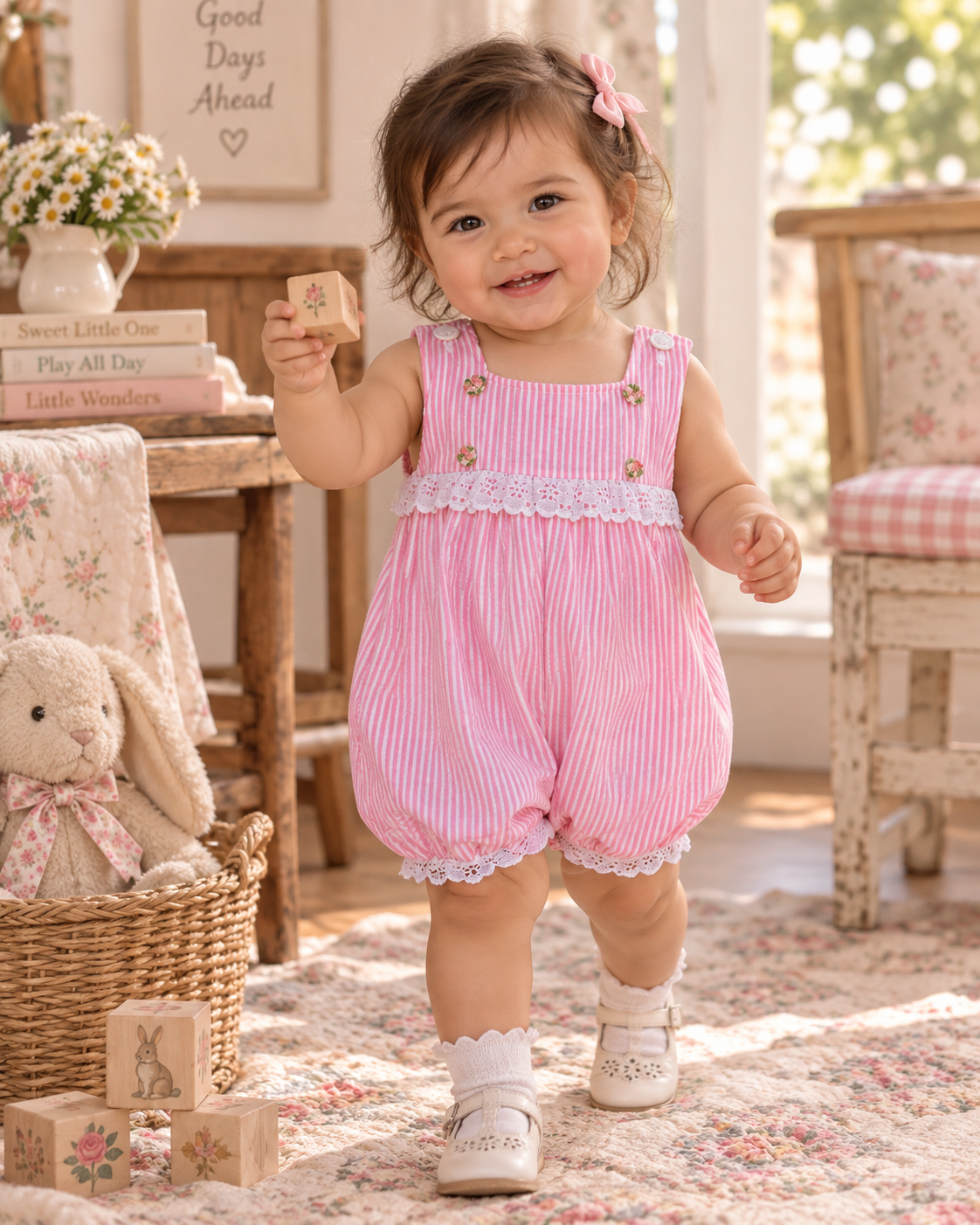 Vintage Sweet Pink Stripe Lace Trim Baby Romper