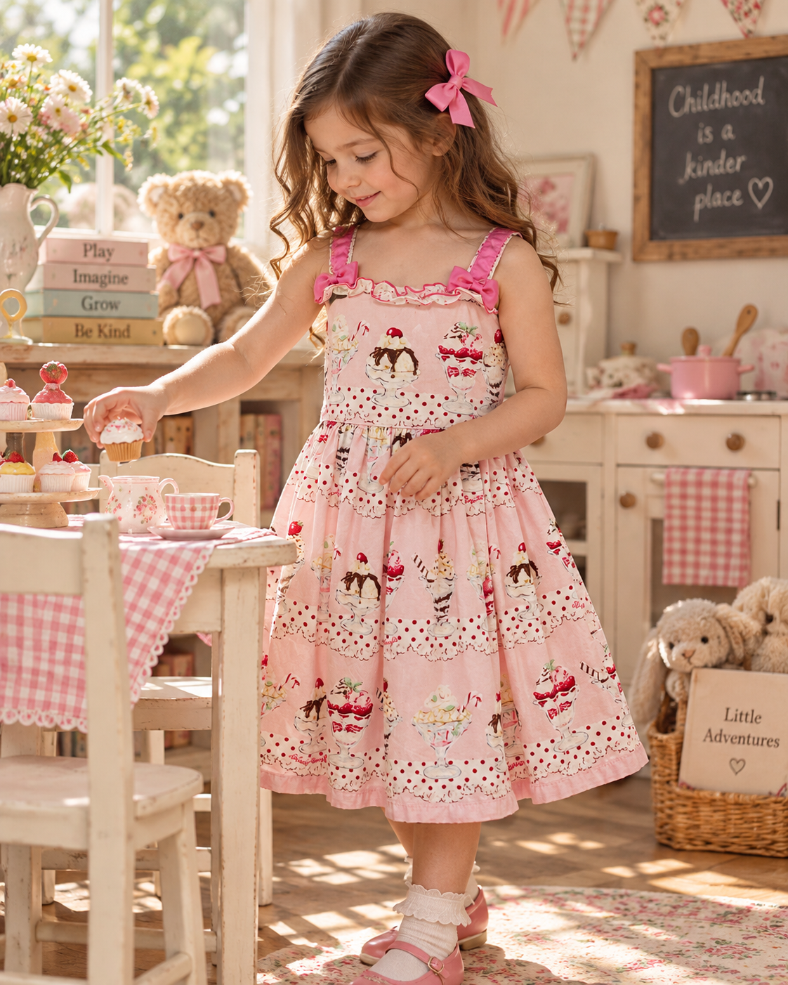 SHIRLEY TEMPLE Sweet Pink Dessert Print Ruffle Strap Dress
