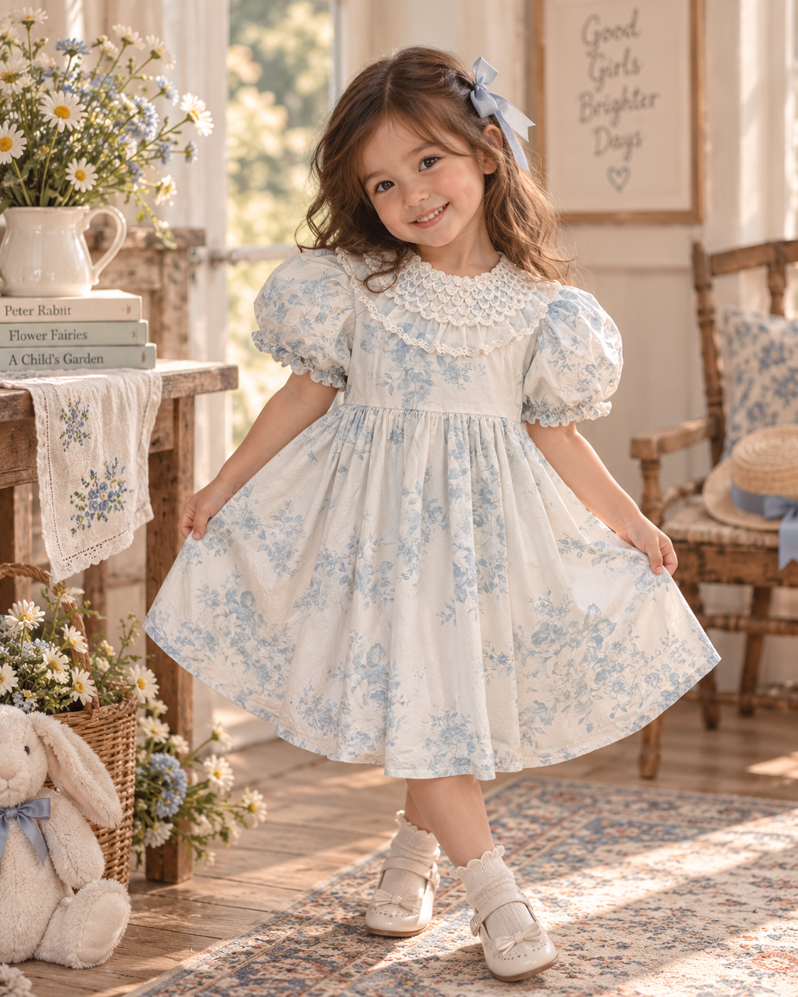 ANNE SHIRLEY - Vintage Blue Floral Puff Sleeve Lace Collar Dress