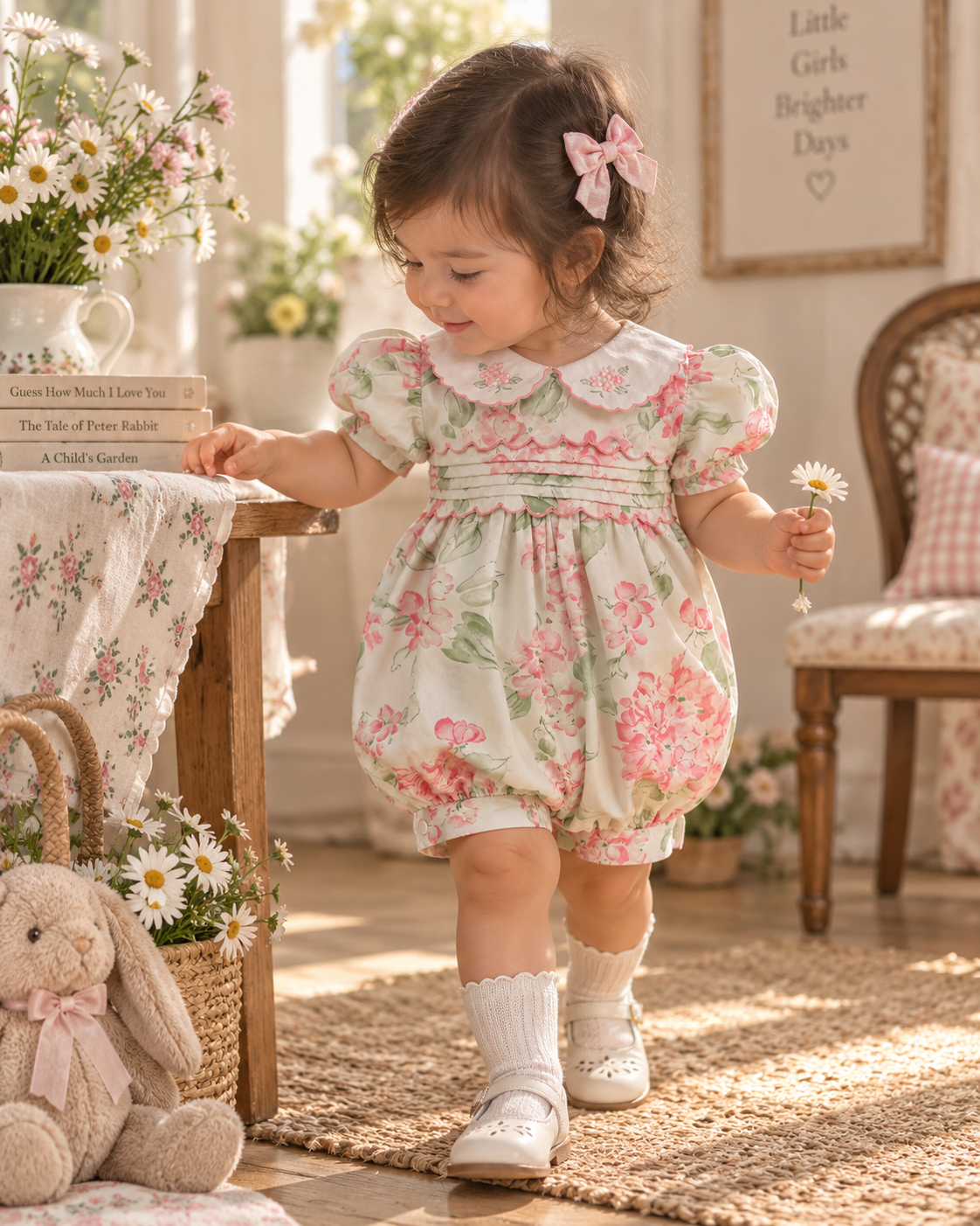 Vintage Pink Floral Smocked Baby Romper