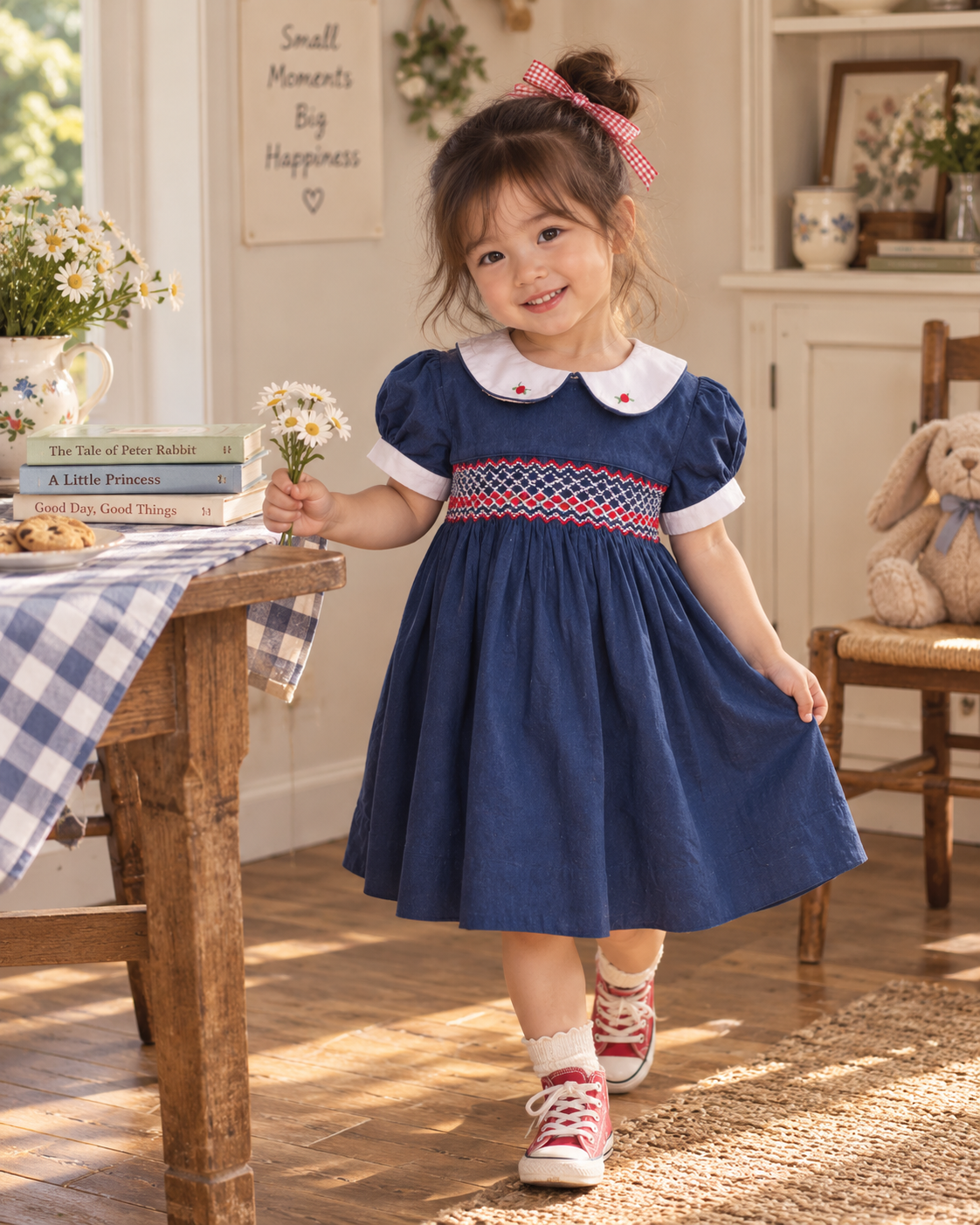 Classic Navy Smocked Collar Dress with Puff Sleeves