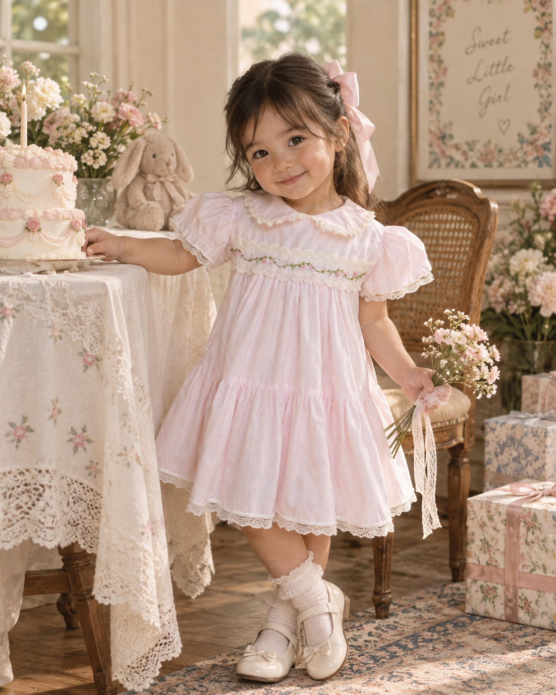 BRYAN - Sweet Pink Heirloom Lace Collar Embroidered Dress