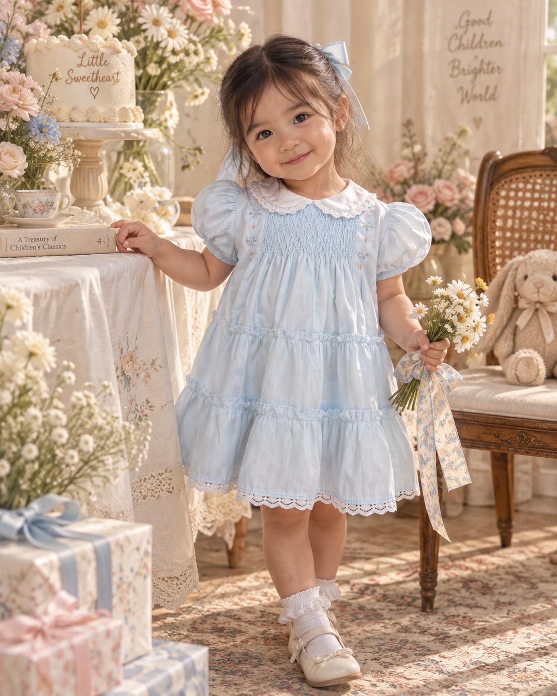 Polly Flinders - Vintage Powder Blue Smocked Puff Sleeve Lace Dress