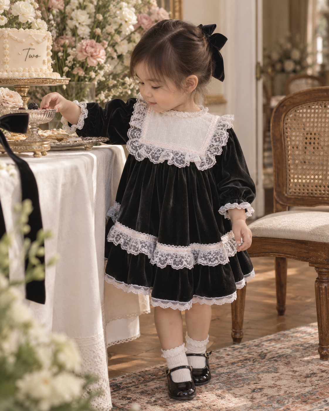 Bryan - Vintage Classic Black Velvet Lace Trim Party Dress