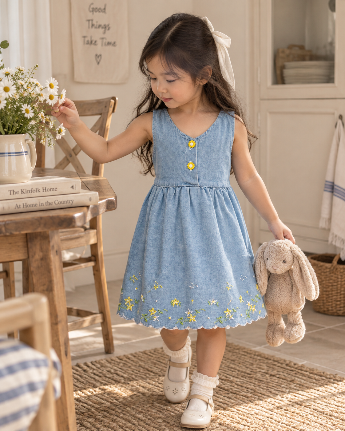 Vintage Sweet Denim Daisy Button Dress