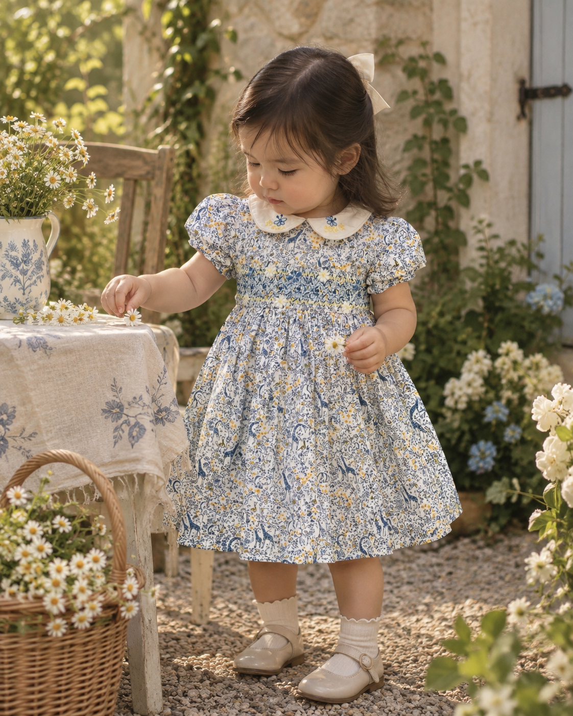 NEXT Blue & Yellow Floral Smocked Collar Dress
