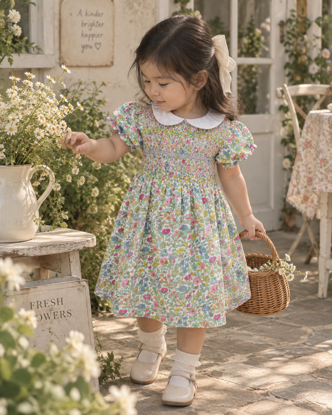 Baby Boden Colorful Floral Smocked Puff Sleeve Dress