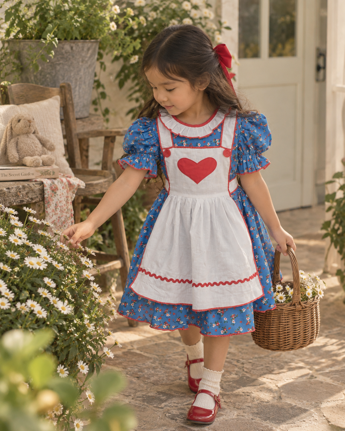Vintage Blue Floral Heart Appliqué Dress