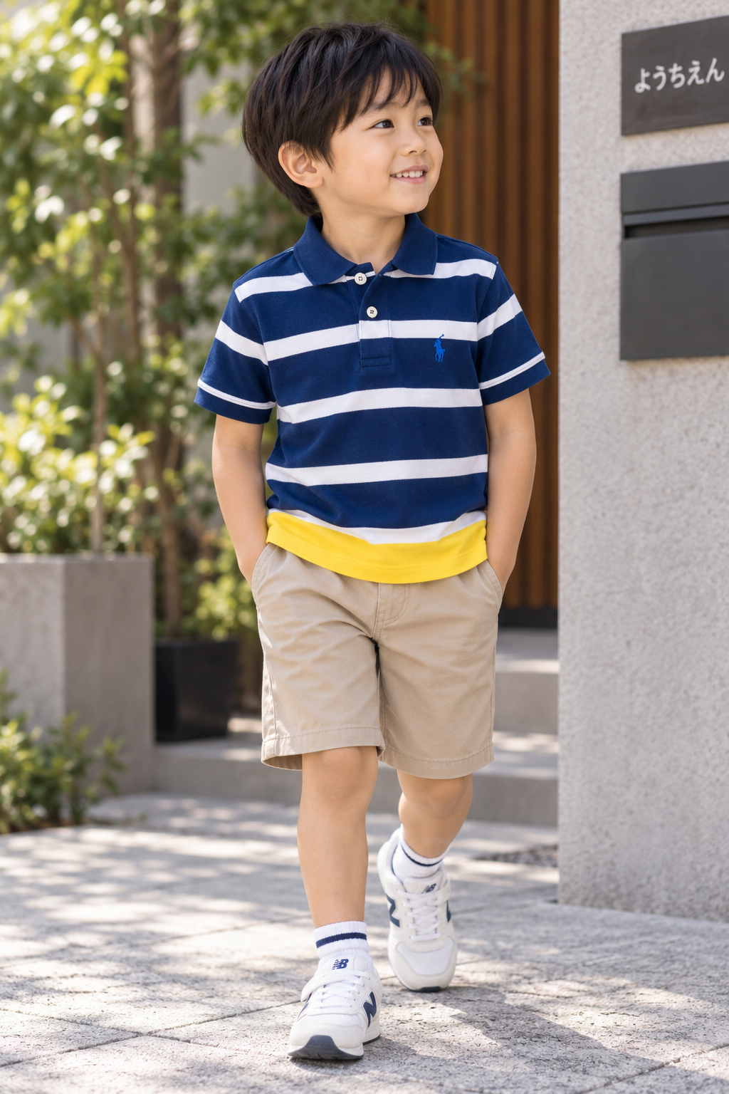Ralph Lauren Navy & White Stripe Polo with Yellow Hem