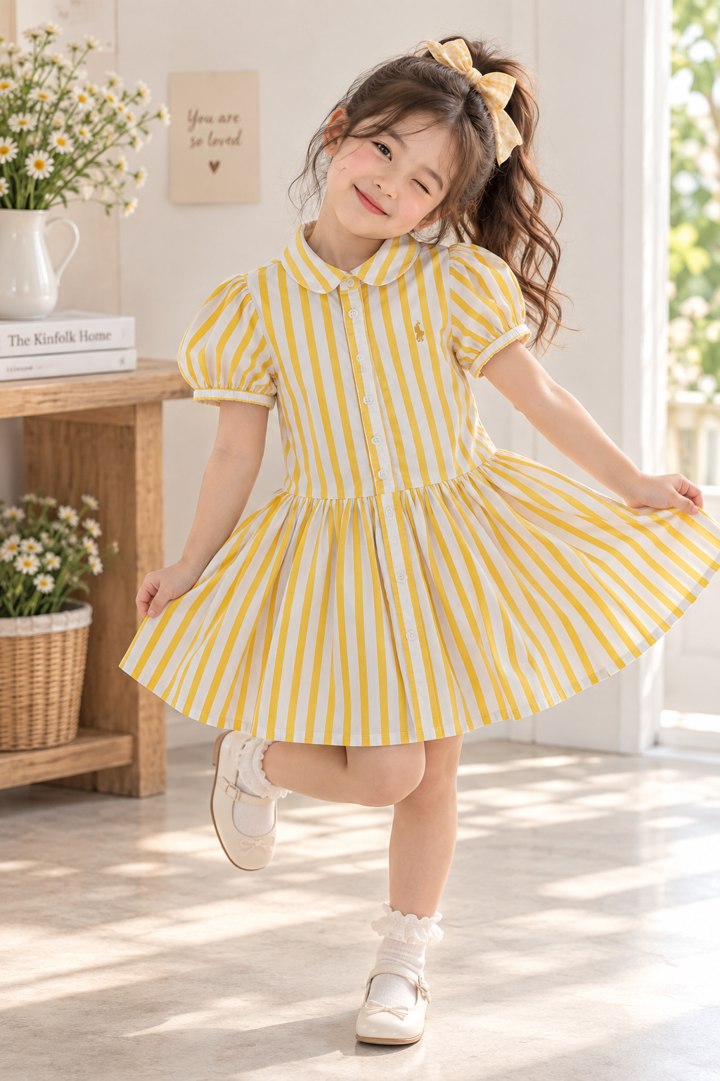Ralph Lauren Yellow & White Striped Puff-Sleeve Dress