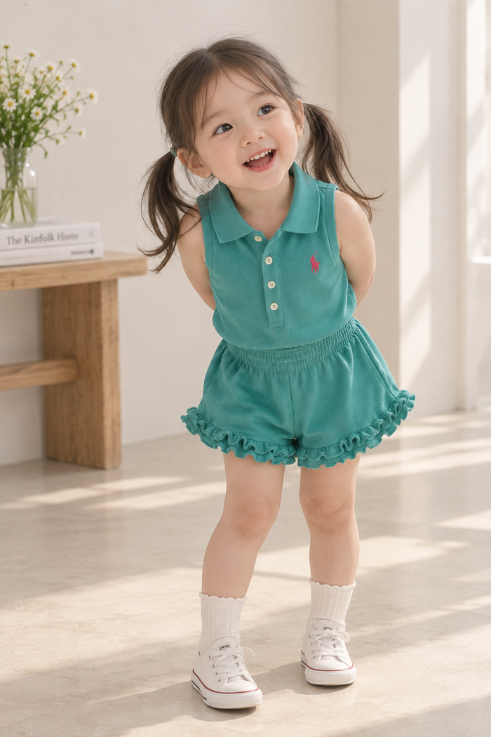 Ralph Lauren Aqua Polo Romper with Ruffle Shorts