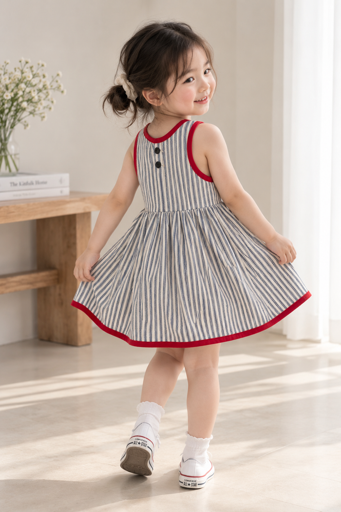 Vintage Ralph Lauren Blue & White Striped Sundress with Red Trim