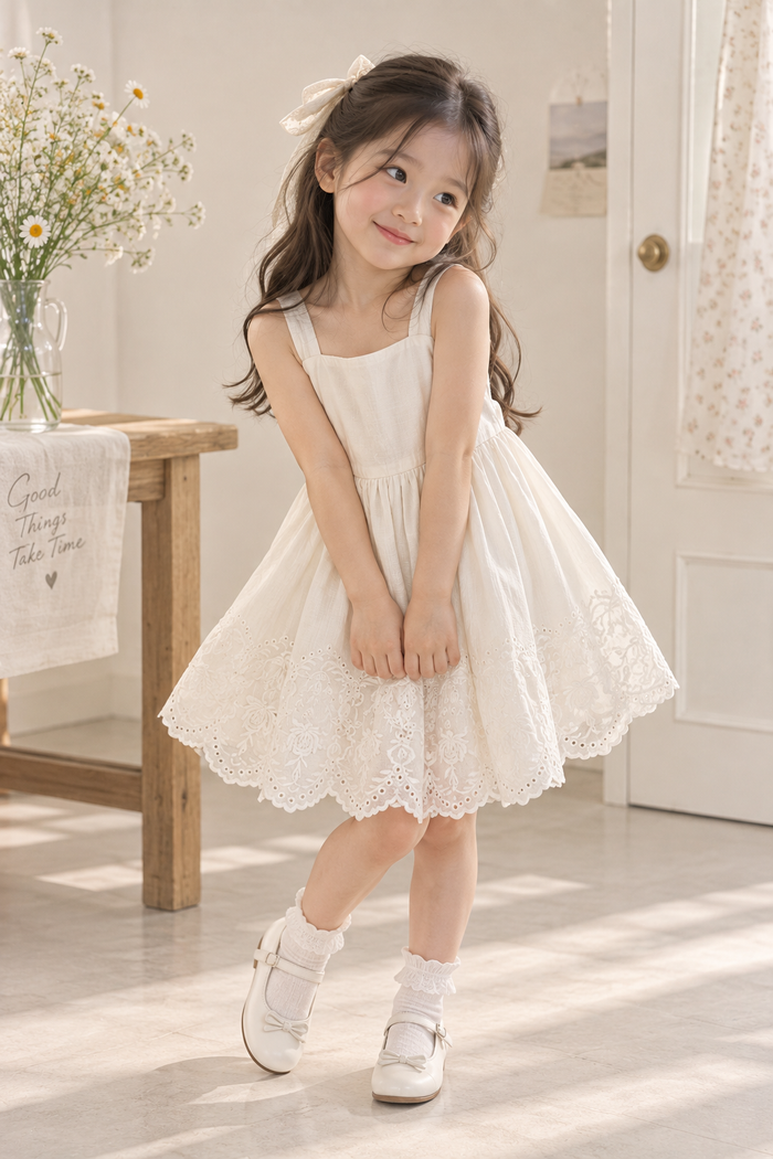 Ralph Lauren White Embroidered Eyelet Dress with Scalloped Hem