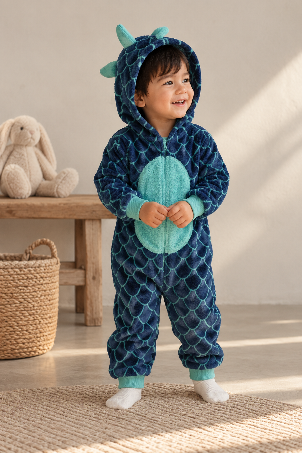 Dinosaur Plush Hooded Romper – Navy & Teal