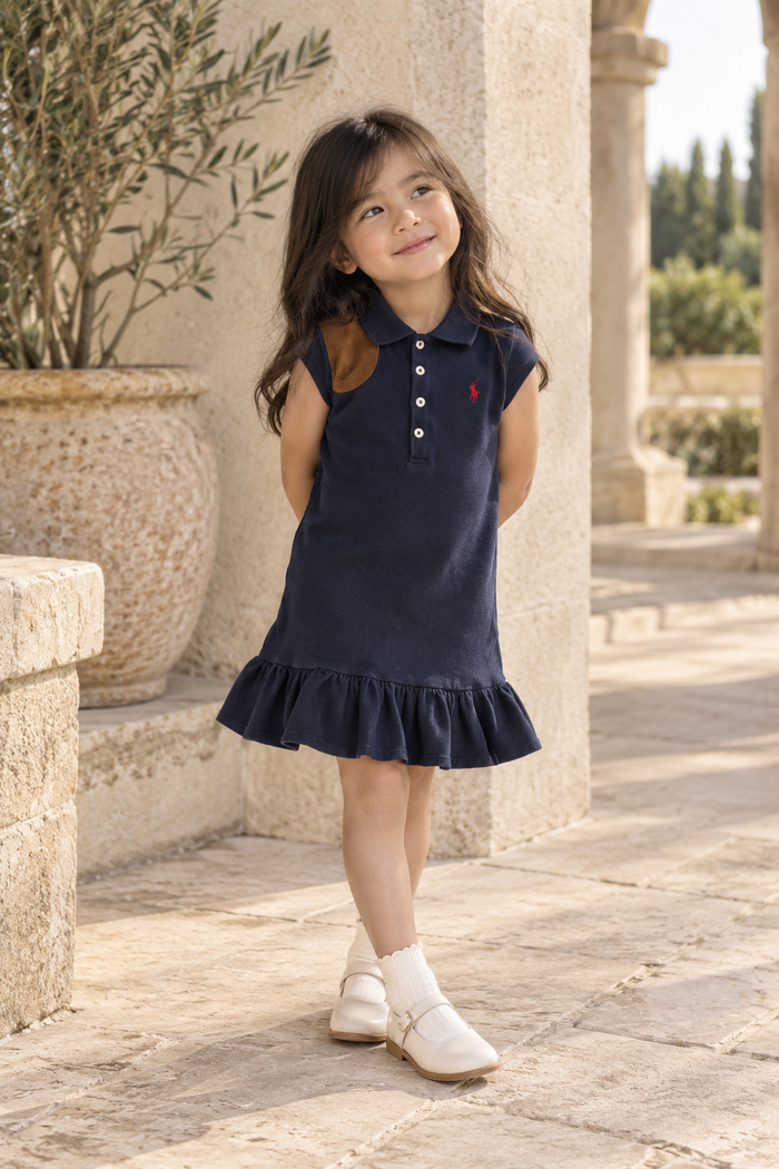 Ralph Lauren Navy Polo Dress with Suede Shoulder Detail