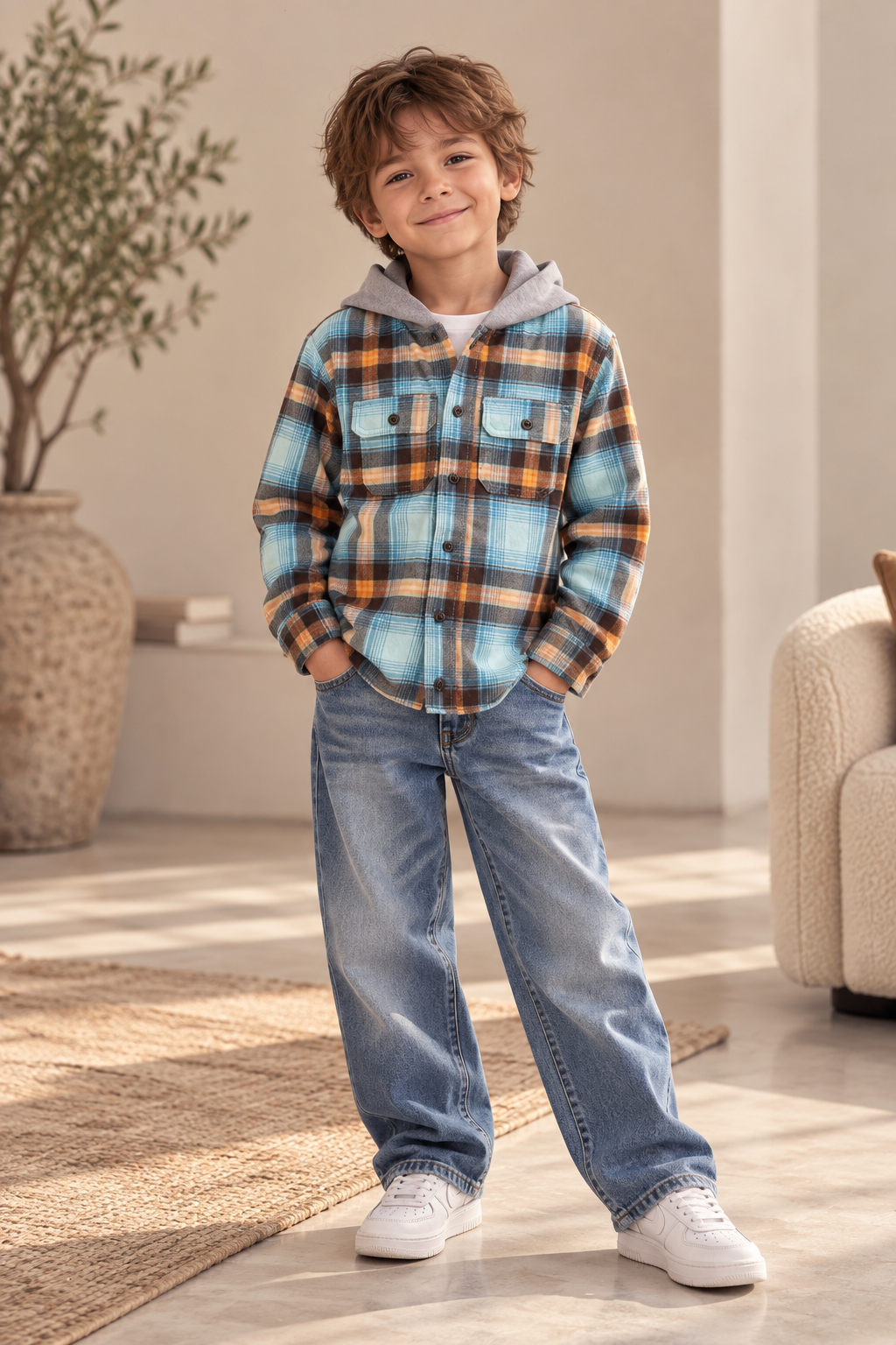 Oshkosh Kids Blue & Mustard Plaid Hooded Shirt Jacket