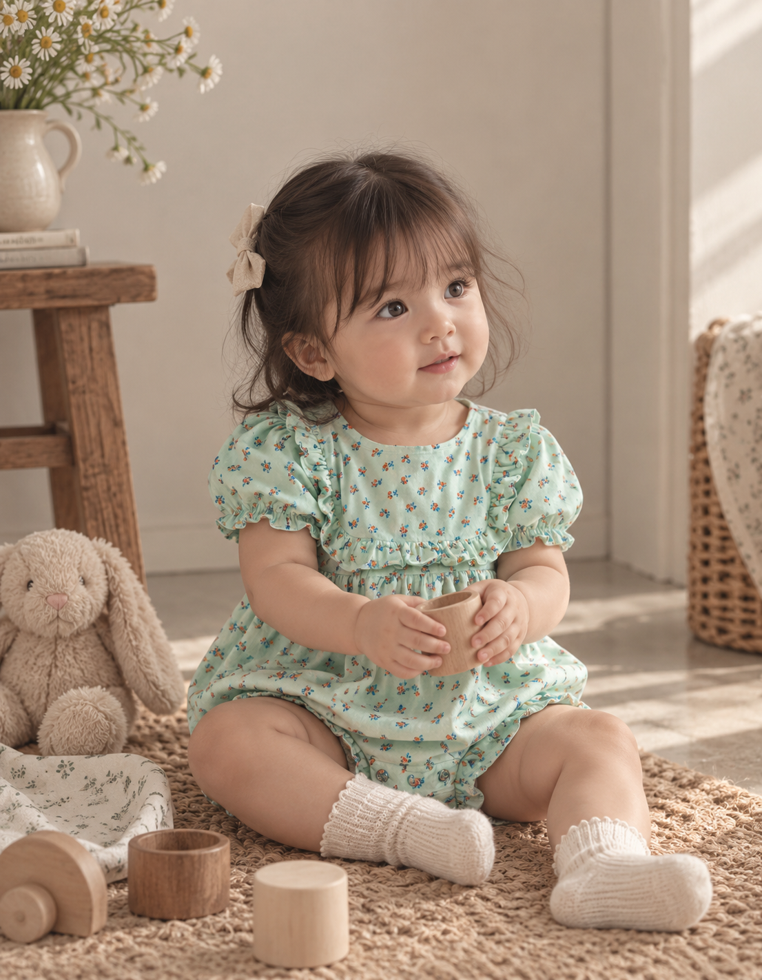 Oott Bebe Mint Floral Ruffle Romper
