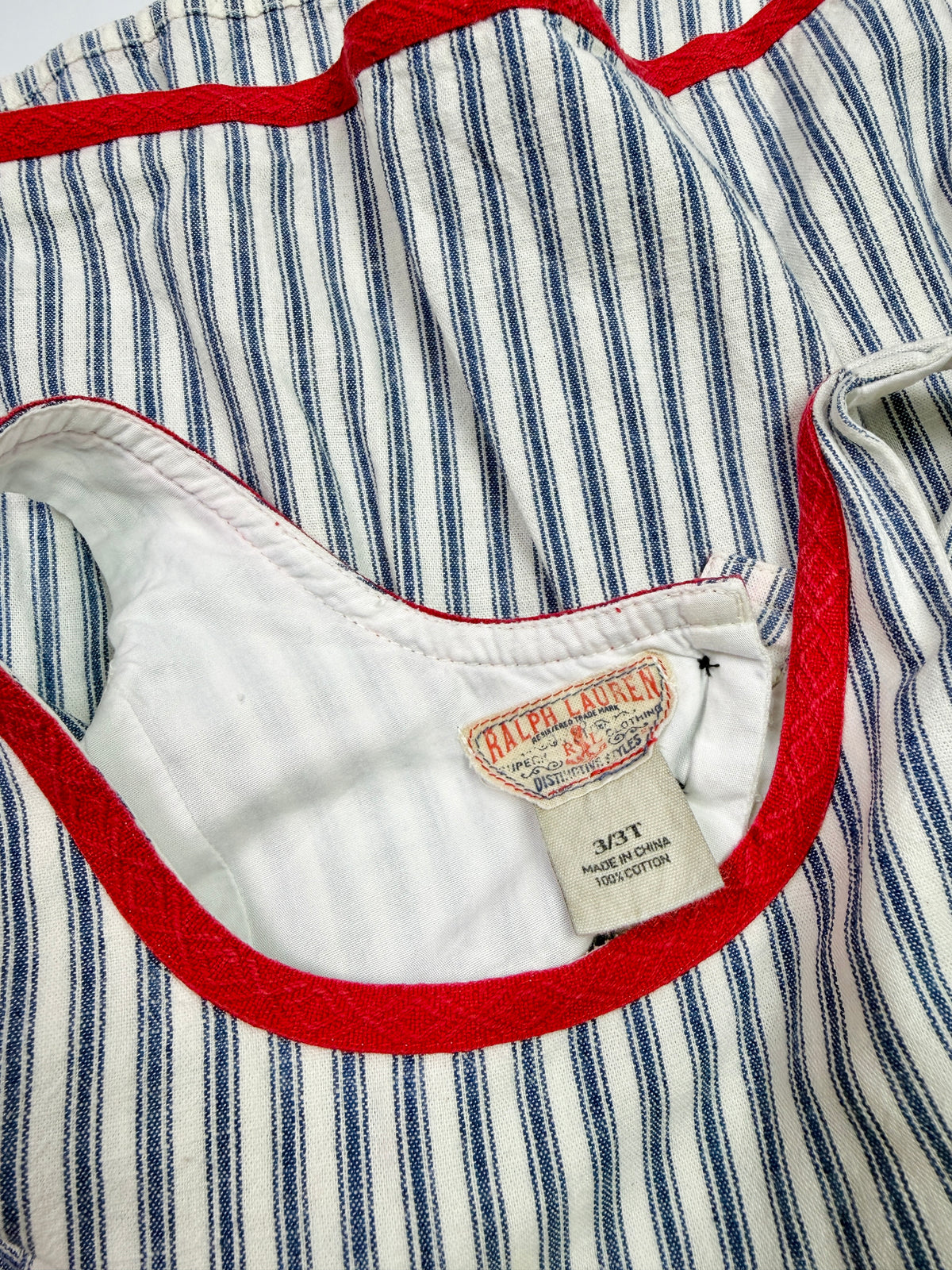 Vintage Ralph Lauren Blue & White Striped Sundress with Red Trim