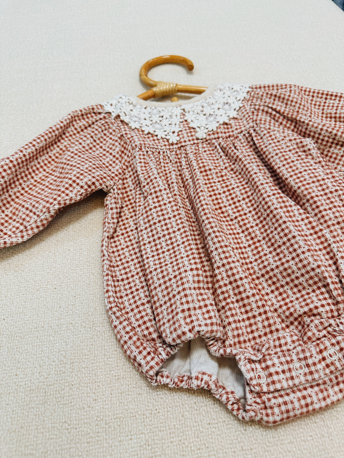 Minkmui Brown Gingham Lace Collar Romper