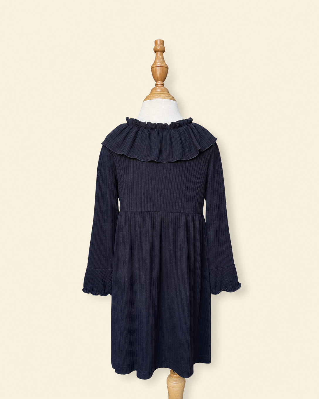 Black Ribbed Ruffle Collar Long Sleeve Dress
