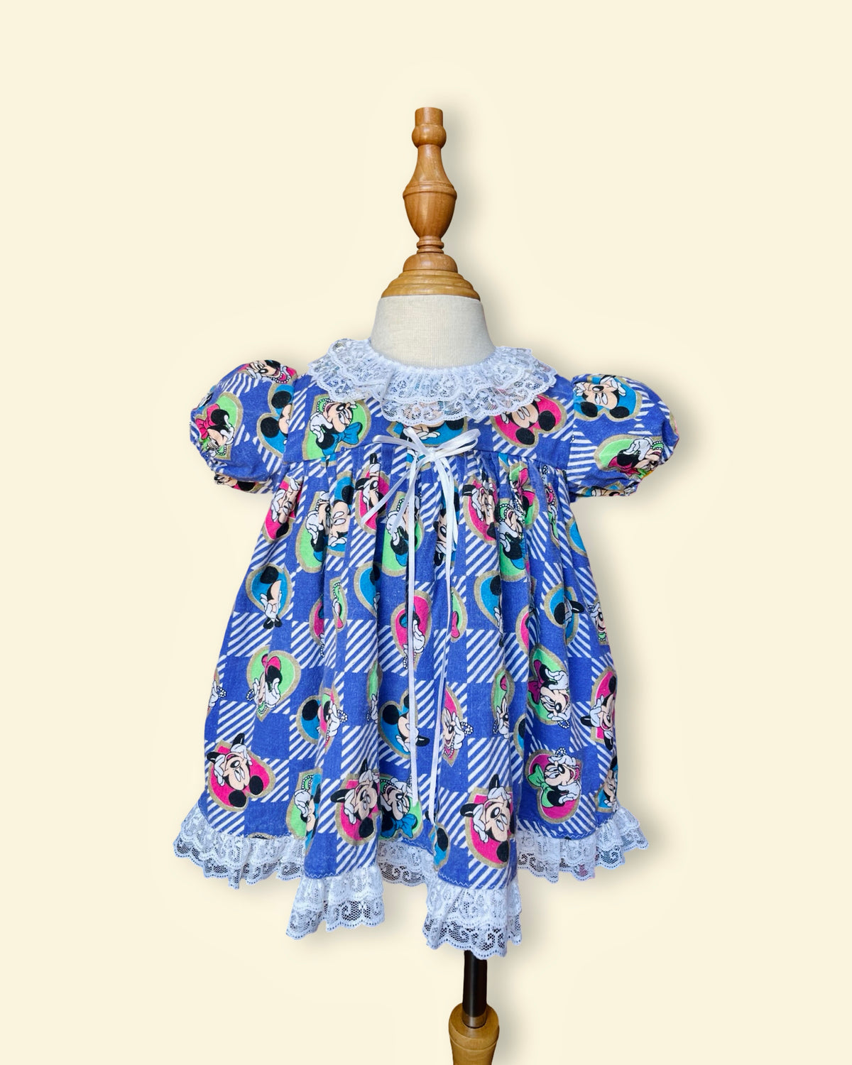 Vintage Mickey Mouse Character Print Puff Sleeve Lace Dress