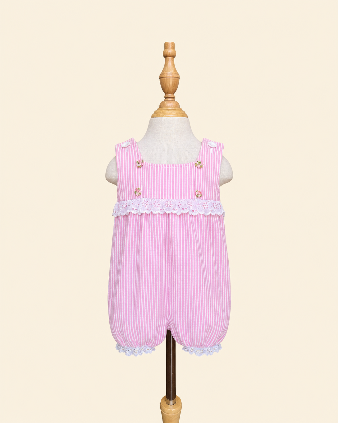 Vintage Sweet Pink Stripe Lace Trim Baby Romper