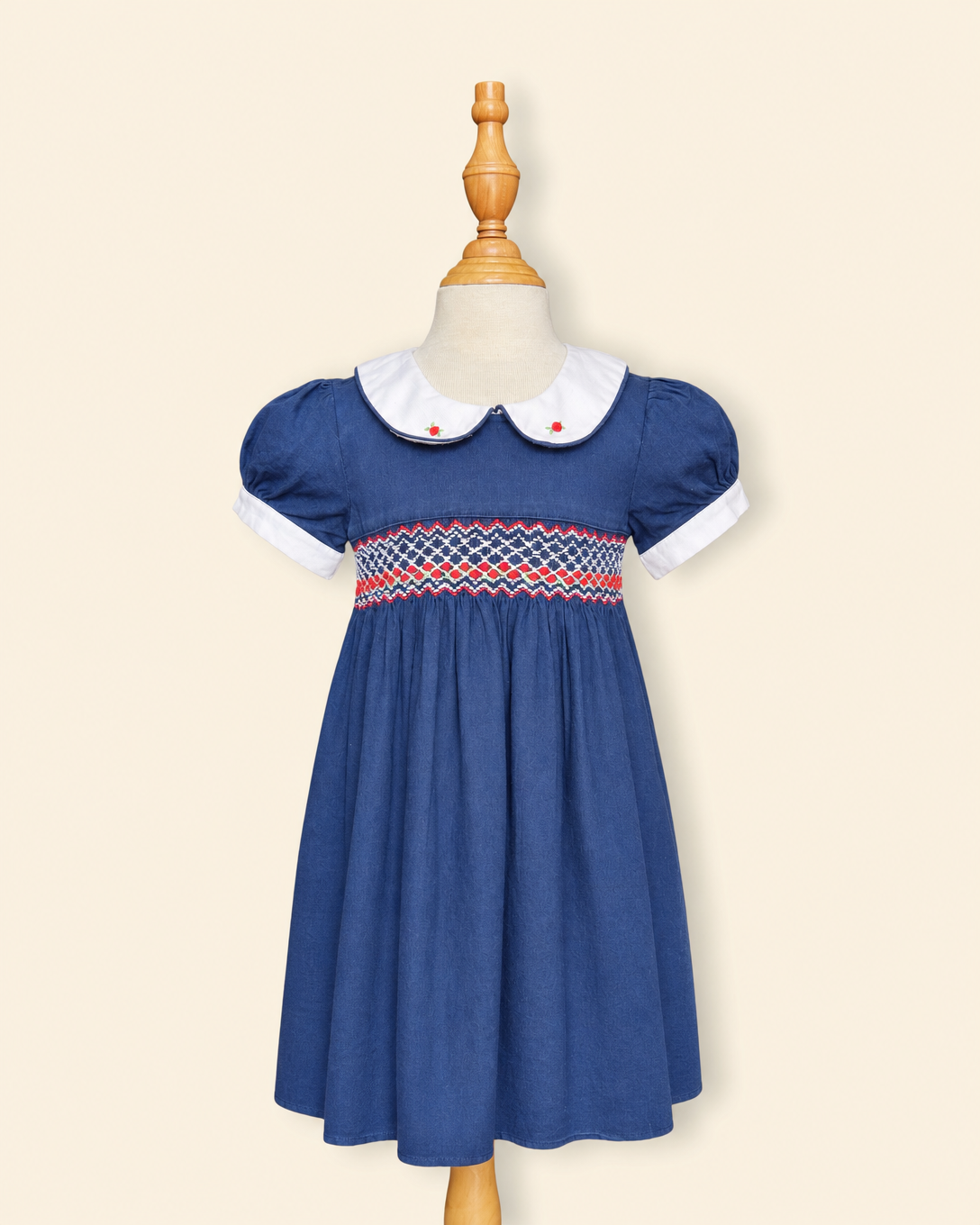 Classic Navy Smocked Collar Dress with Puff Sleeves