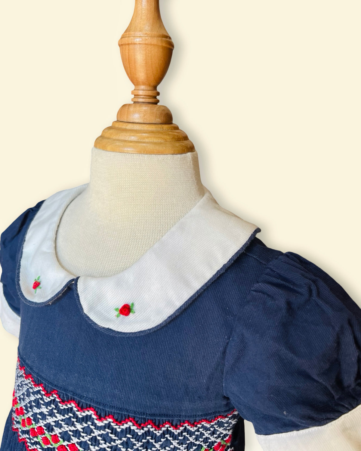 Classic Navy Smocked Collar Dress with Puff Sleeves