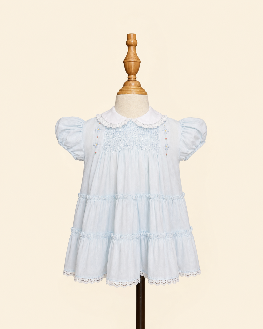 Polly Flinders - Vintage Powder Blue Smocked Puff Sleeve Lace Dress