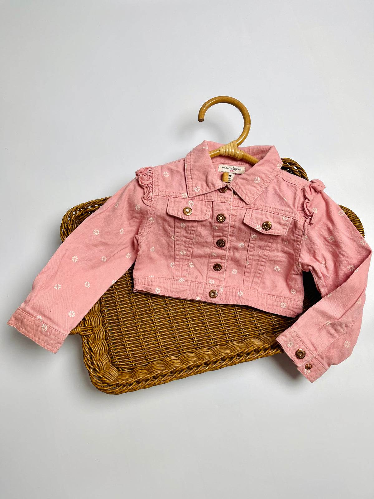 Nanette Lepore Pink Floral Denim Jacket – Ruffle Detail
