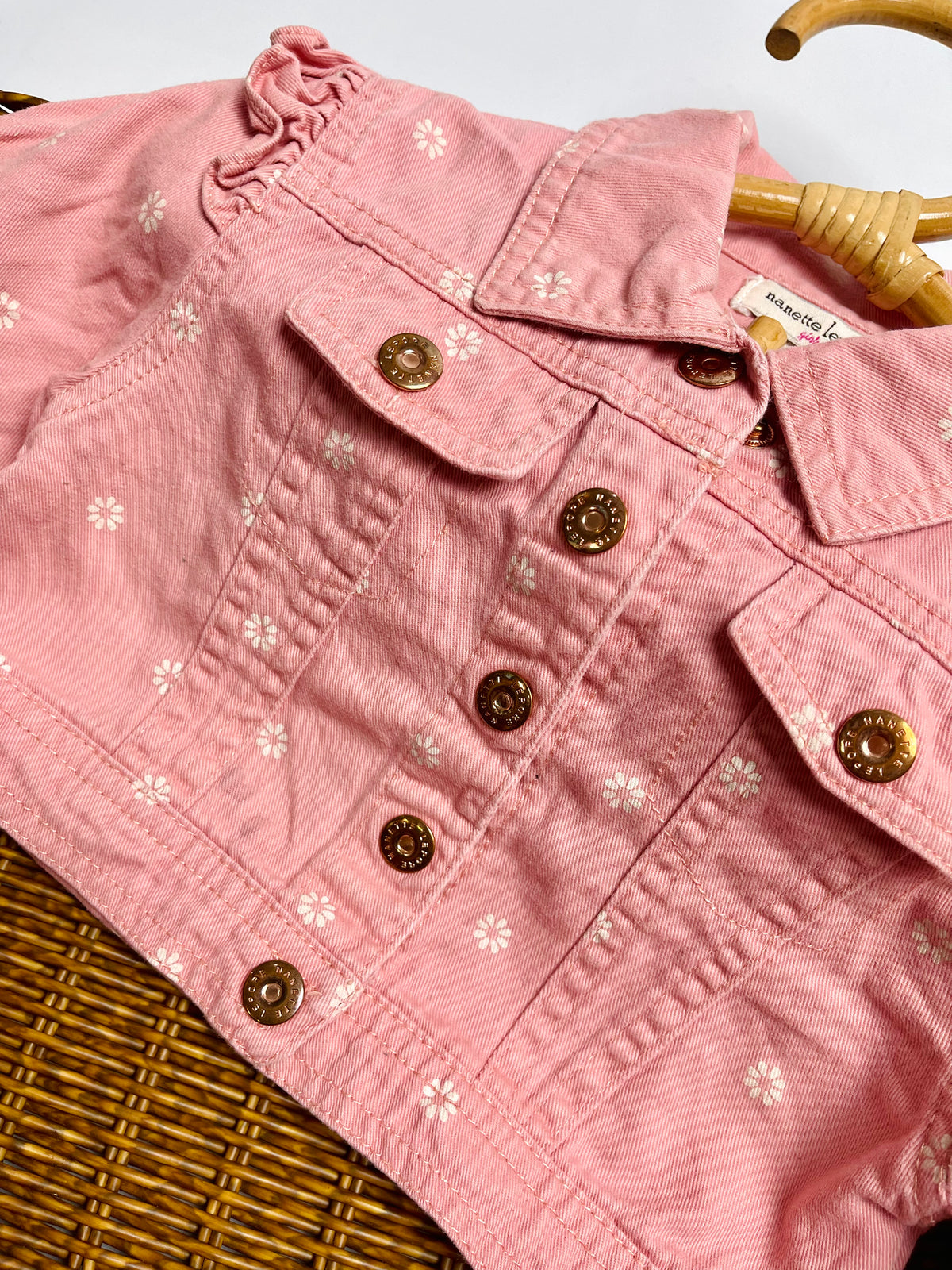 Nanette Lepore Pink Floral Denim Jacket – Ruffle Detail