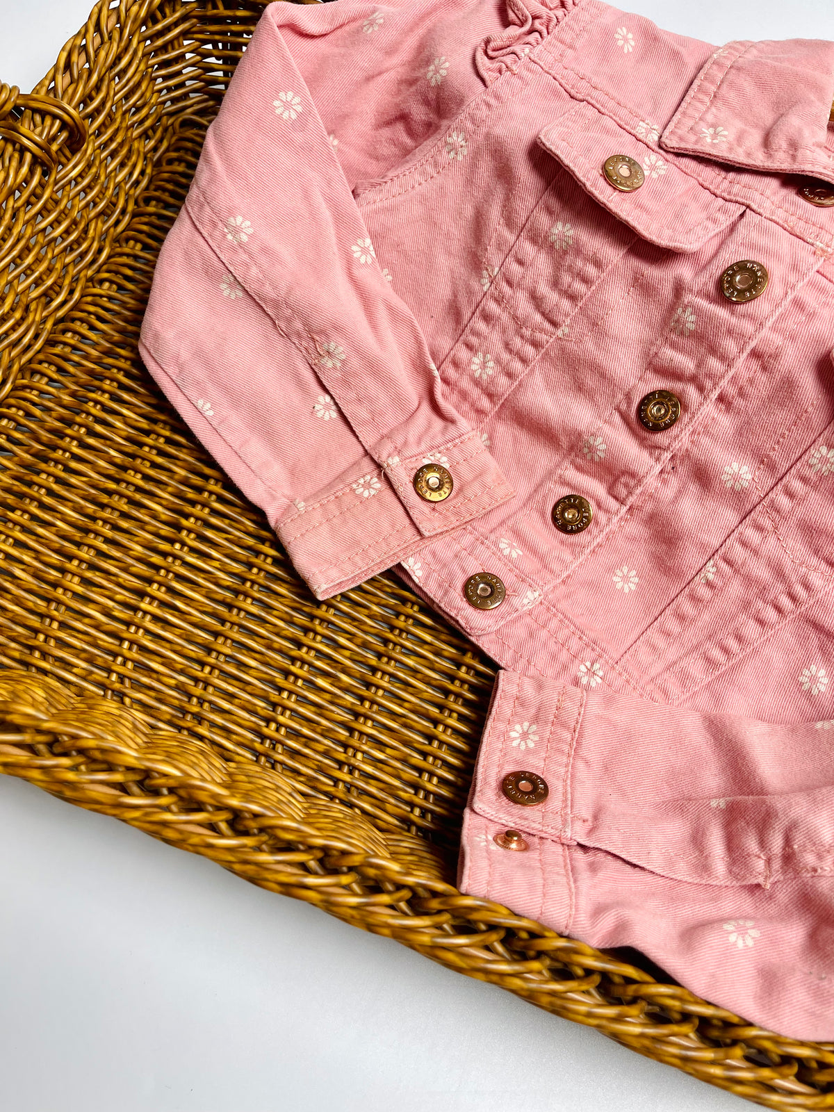 Nanette Lepore Pink Floral Denim Jacket – Ruffle Detail