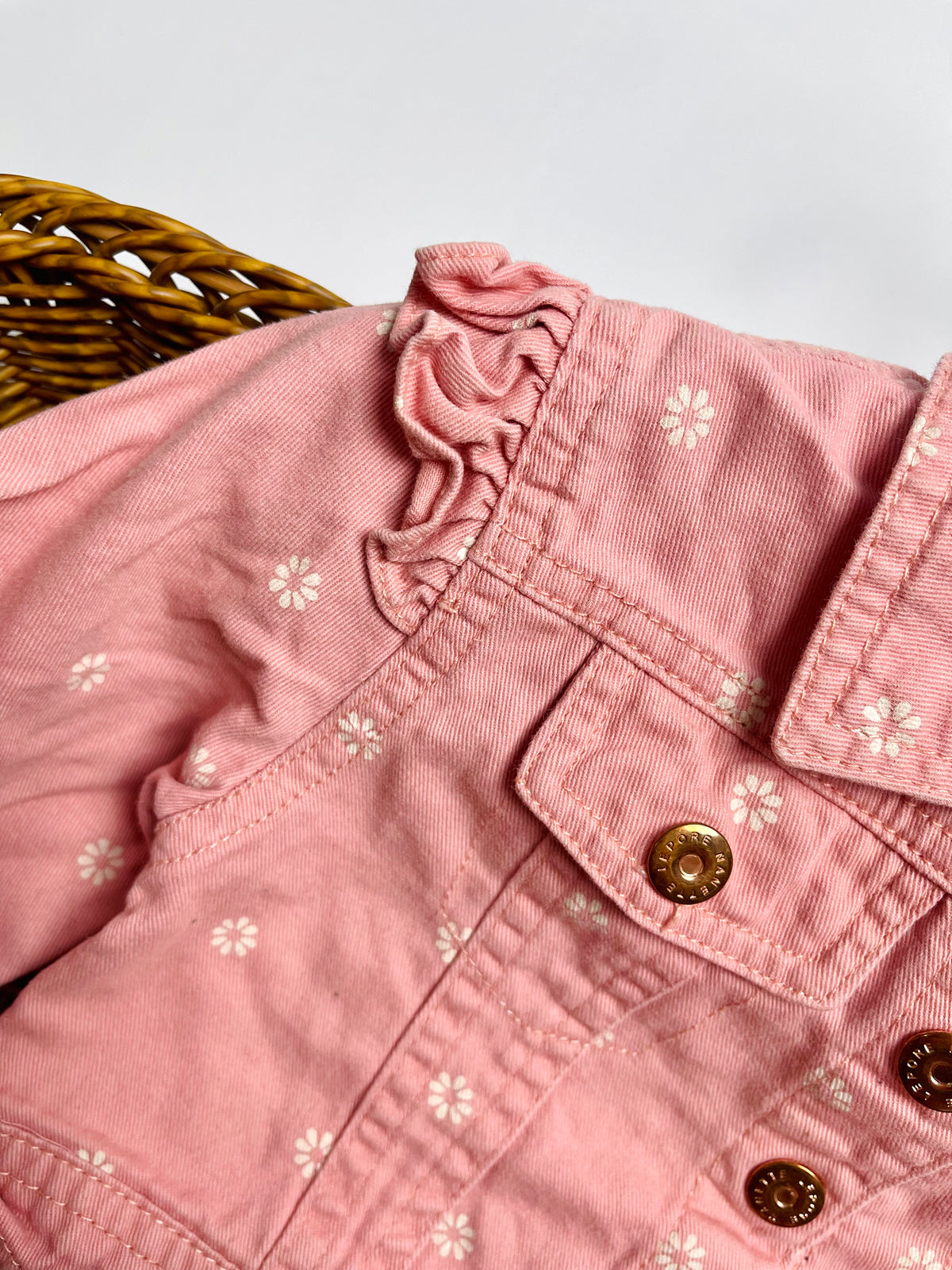 Nanette Lepore Pink Floral Denim Jacket – Ruffle Detail
