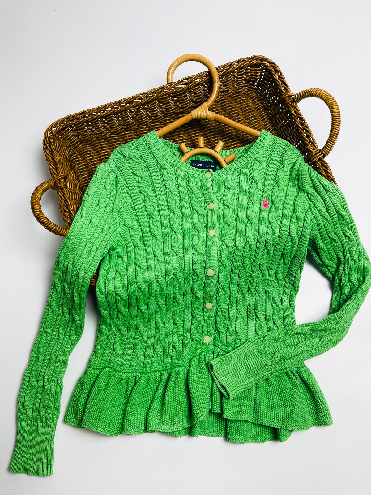 Ralph Lauren Green Cable-Knit Peplum Cardigan