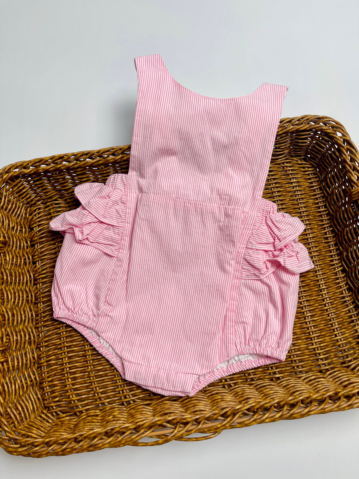 JACADI Pink Seersucker Ruffle Romper | Girls
