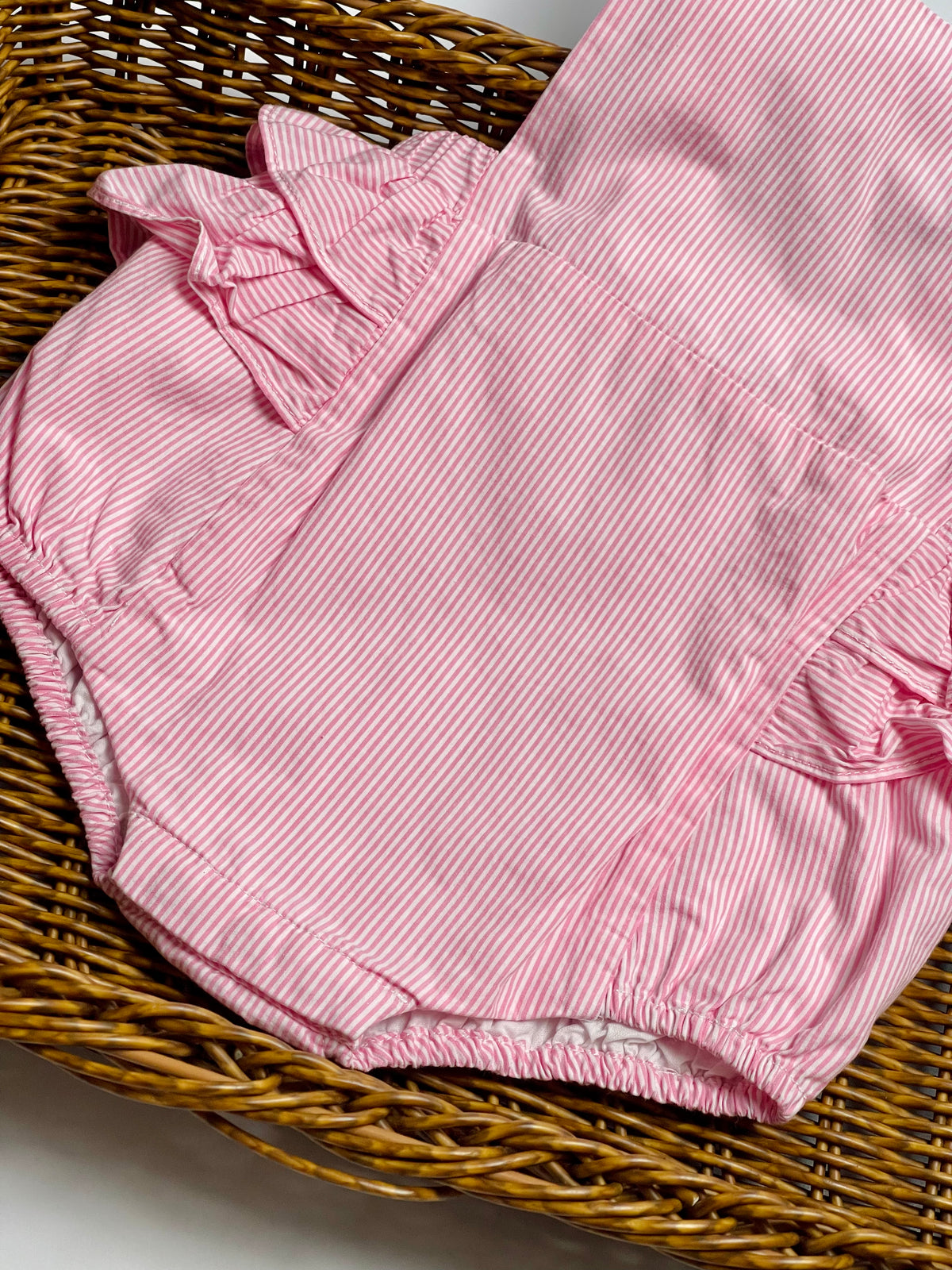 JACADI Pink Seersucker Ruffle Romper | Girls