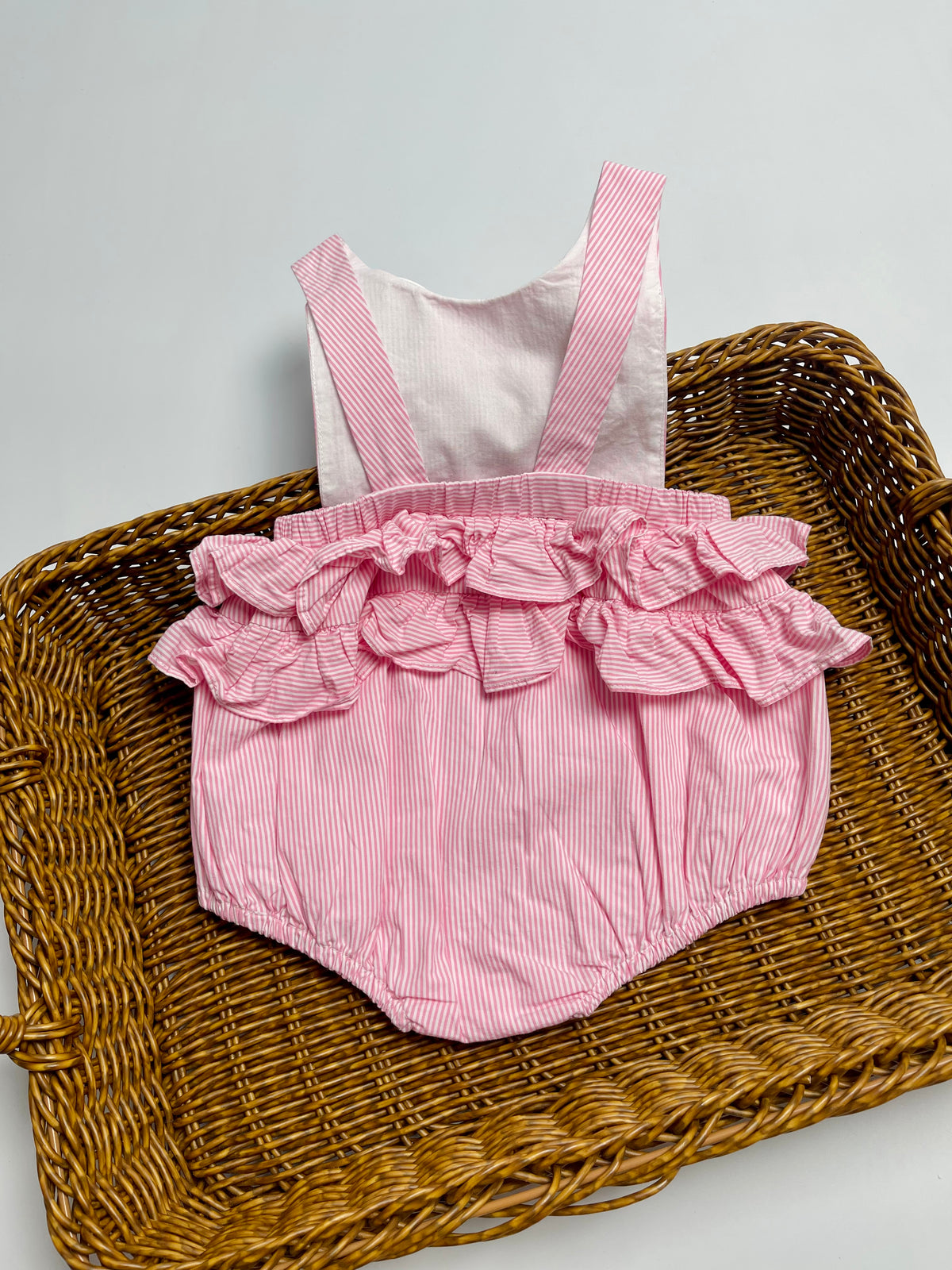 JACADI Pink Seersucker Ruffle Romper | Girls