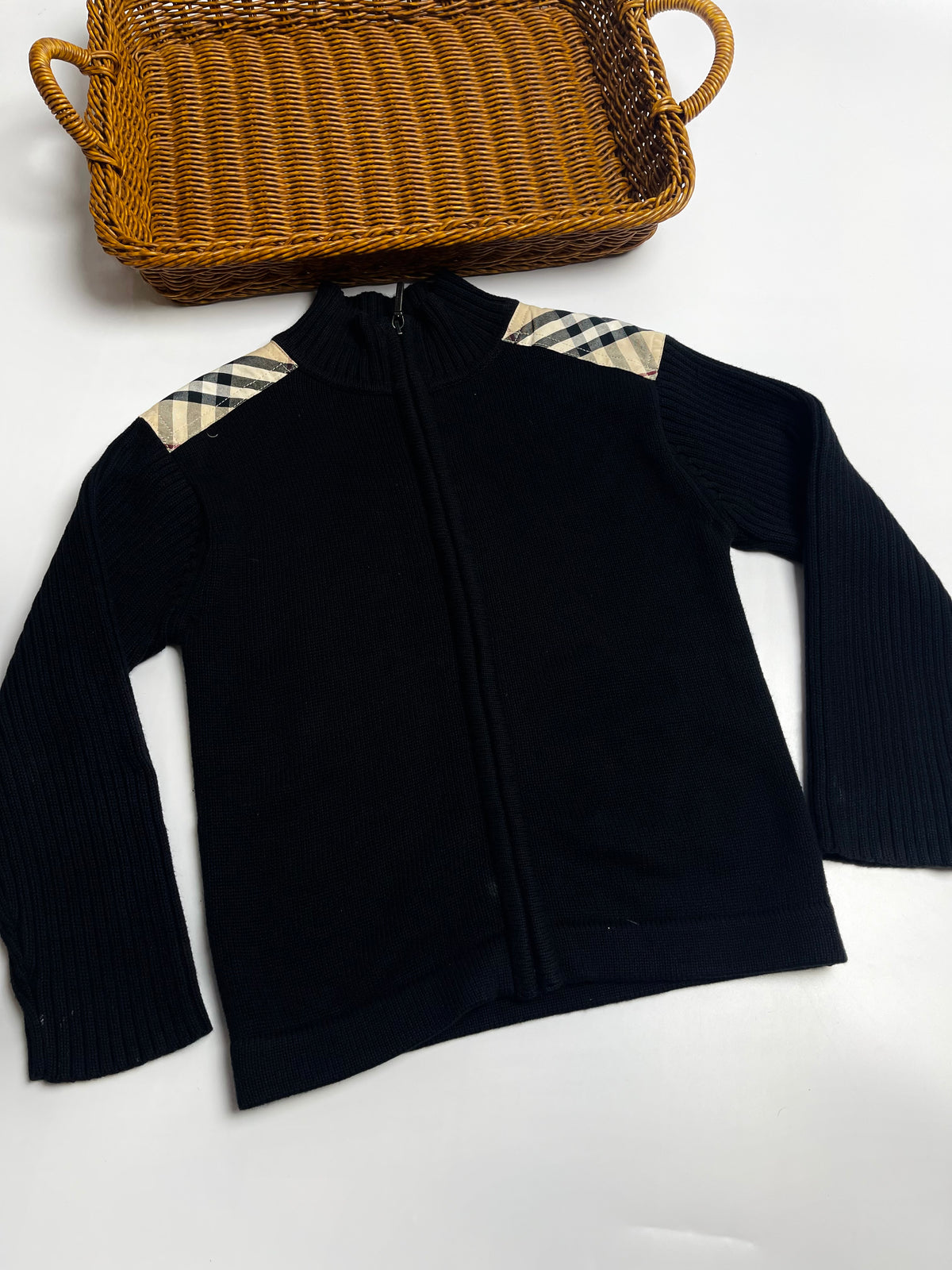 Burberry Kids Black Knit Zip Cardigan with Check Shoulder Detail