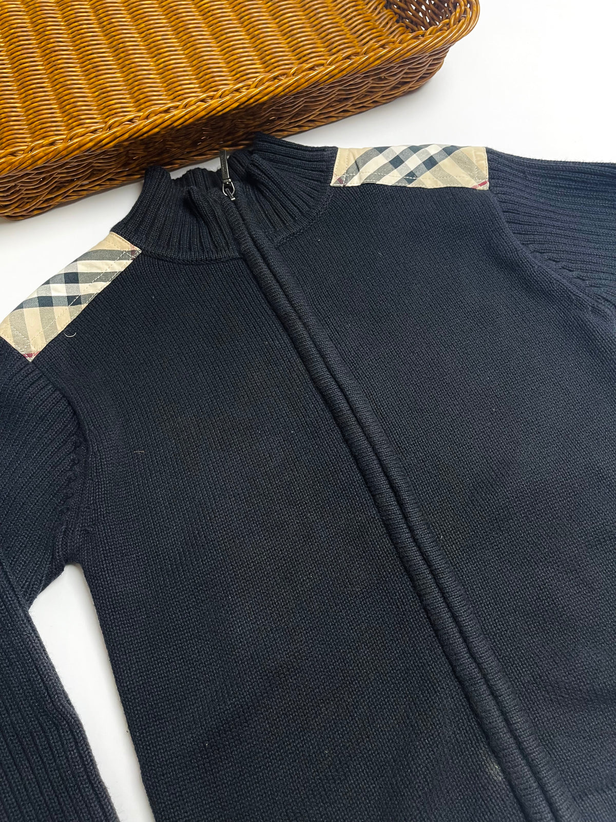 Burberry Kids Black Knit Zip Cardigan with Check Shoulder Detail