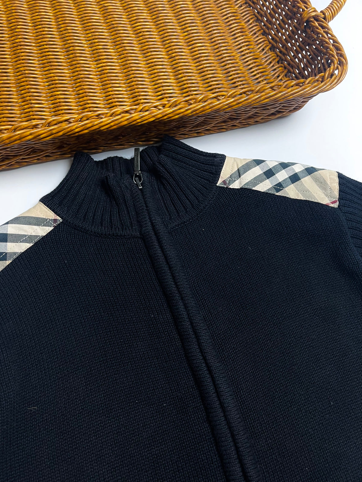 Burberry Kids Black Knit Zip Cardigan with Check Shoulder Detail
