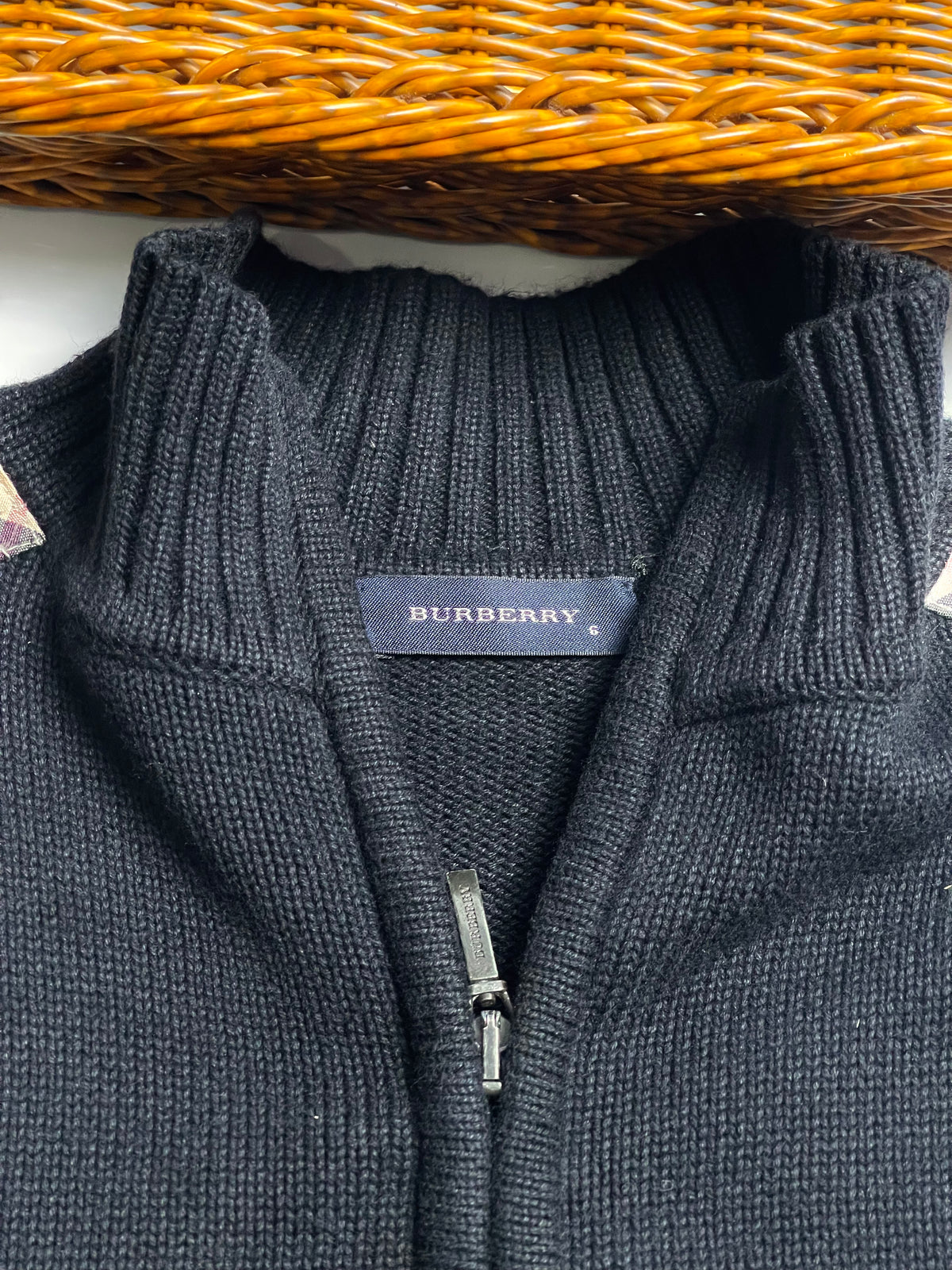 Burberry Kids Black Knit Zip Cardigan with Check Shoulder Detail