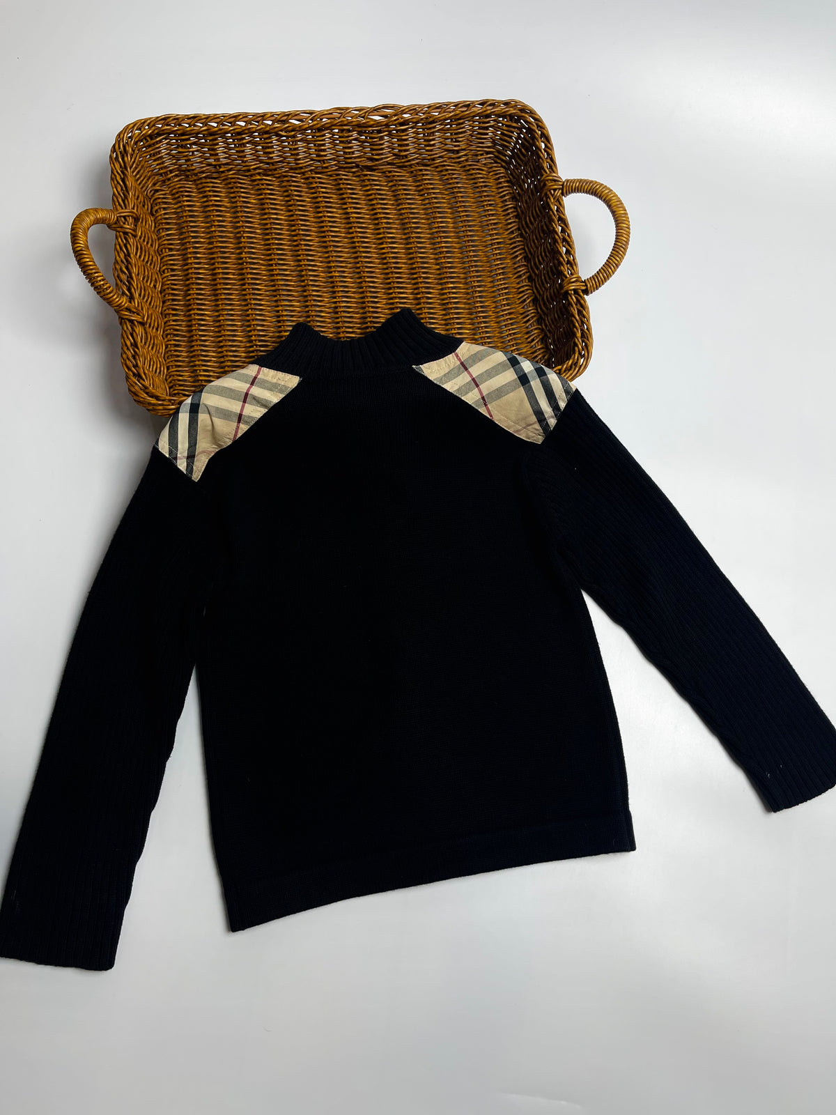 Burberry Kids Black Knit Zip Cardigan with Check Shoulder Detail