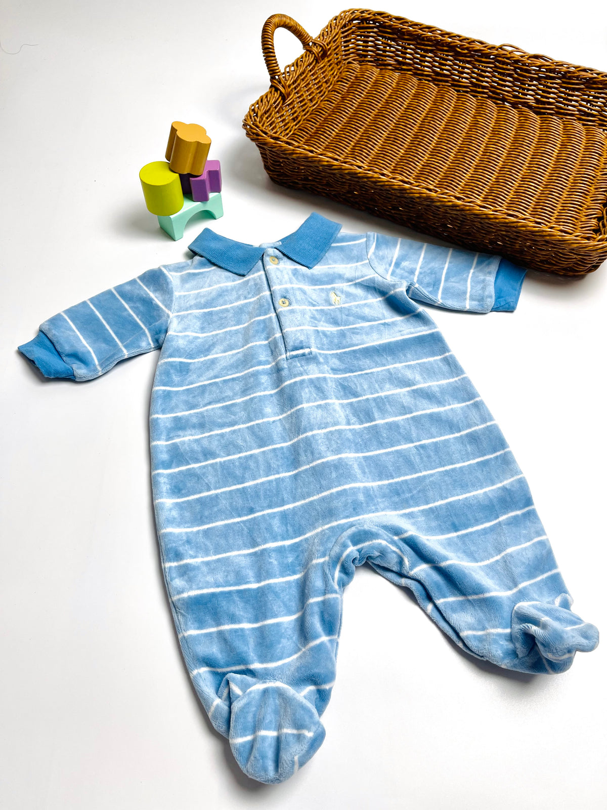 Ralph Lauren Blue Stripe Footed Polo Romper