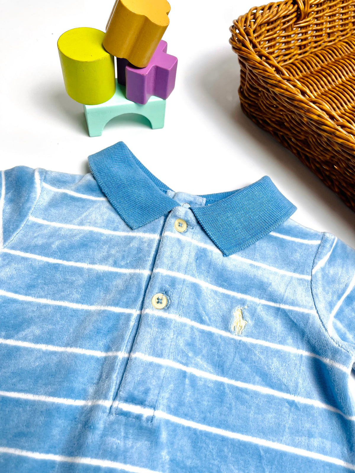 Ralph Lauren Blue Stripe Footed Polo Romper