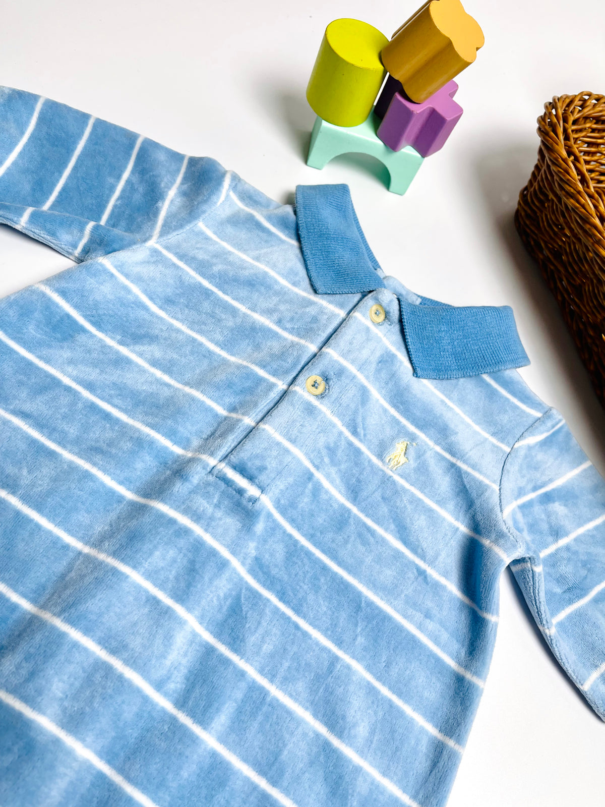 Ralph Lauren Blue Stripe Footed Polo Romper