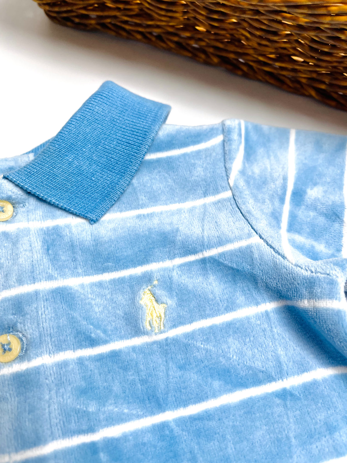 Ralph Lauren Blue Stripe Footed Polo Romper
