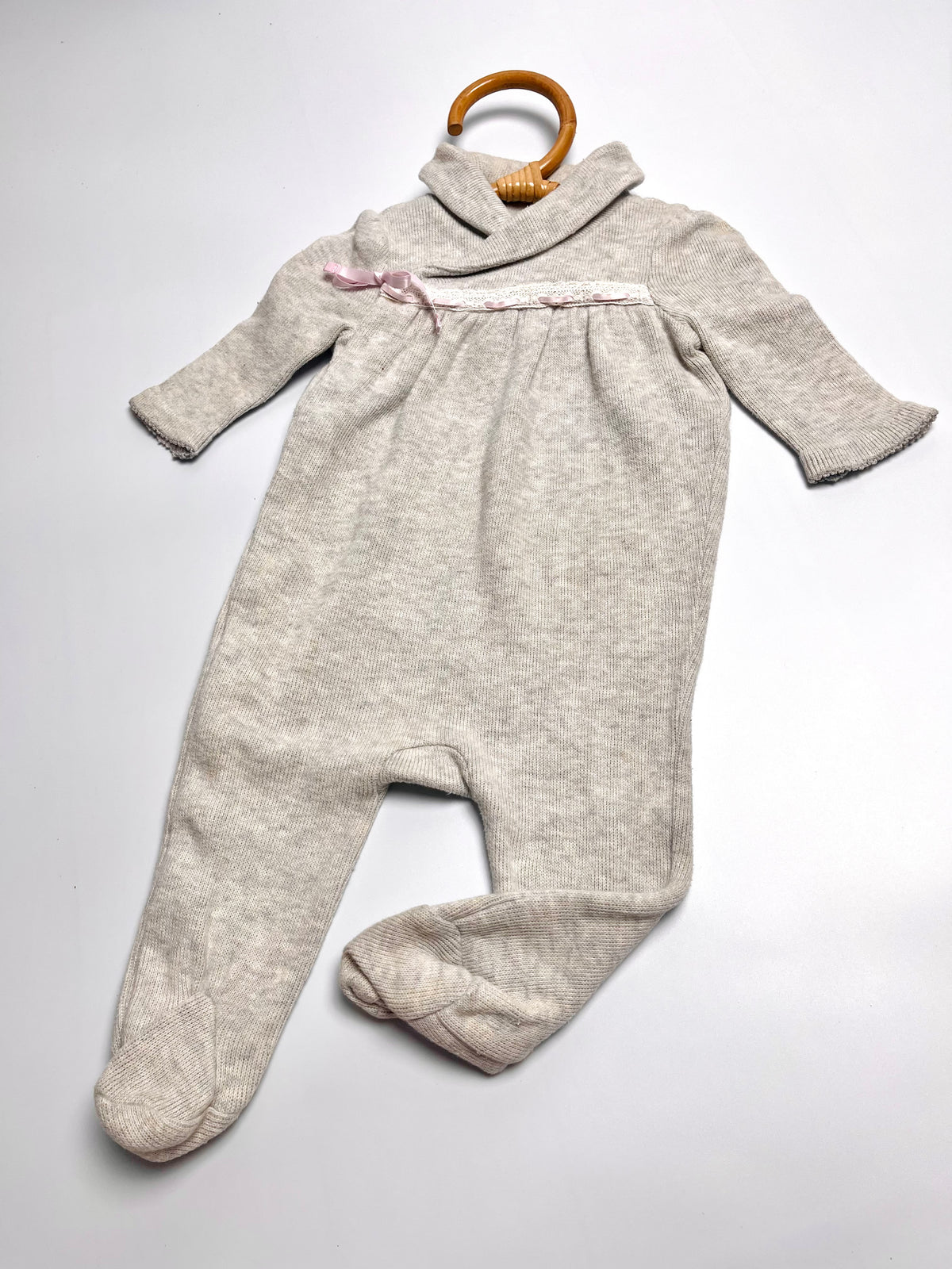 Ralph Lauren Oatmeal Hooded Footed Romper with Pink Ribbon Detail