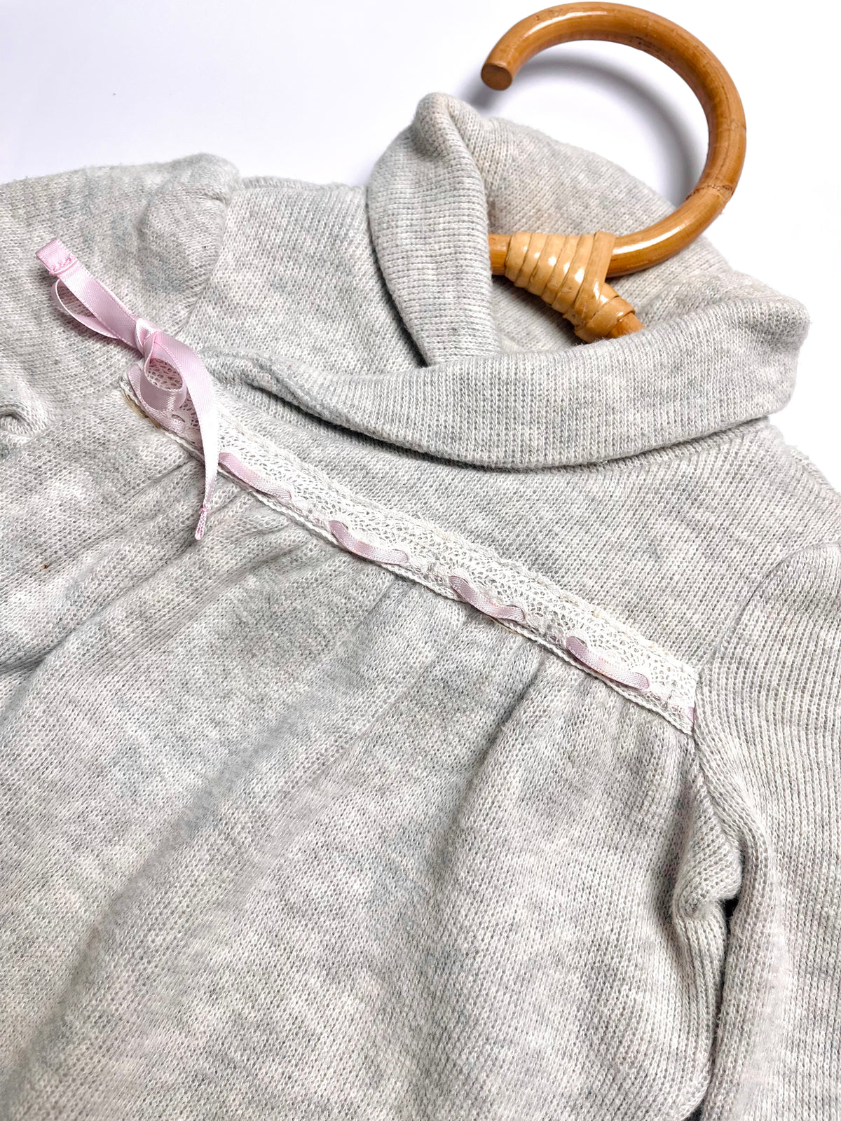 Ralph Lauren Oatmeal Hooded Footed Romper with Pink Ribbon Detail